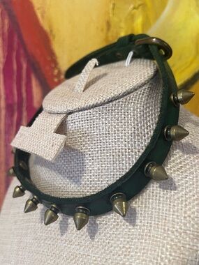 Vintage Real Leather Dark Green Spike Collar Choker Necklace